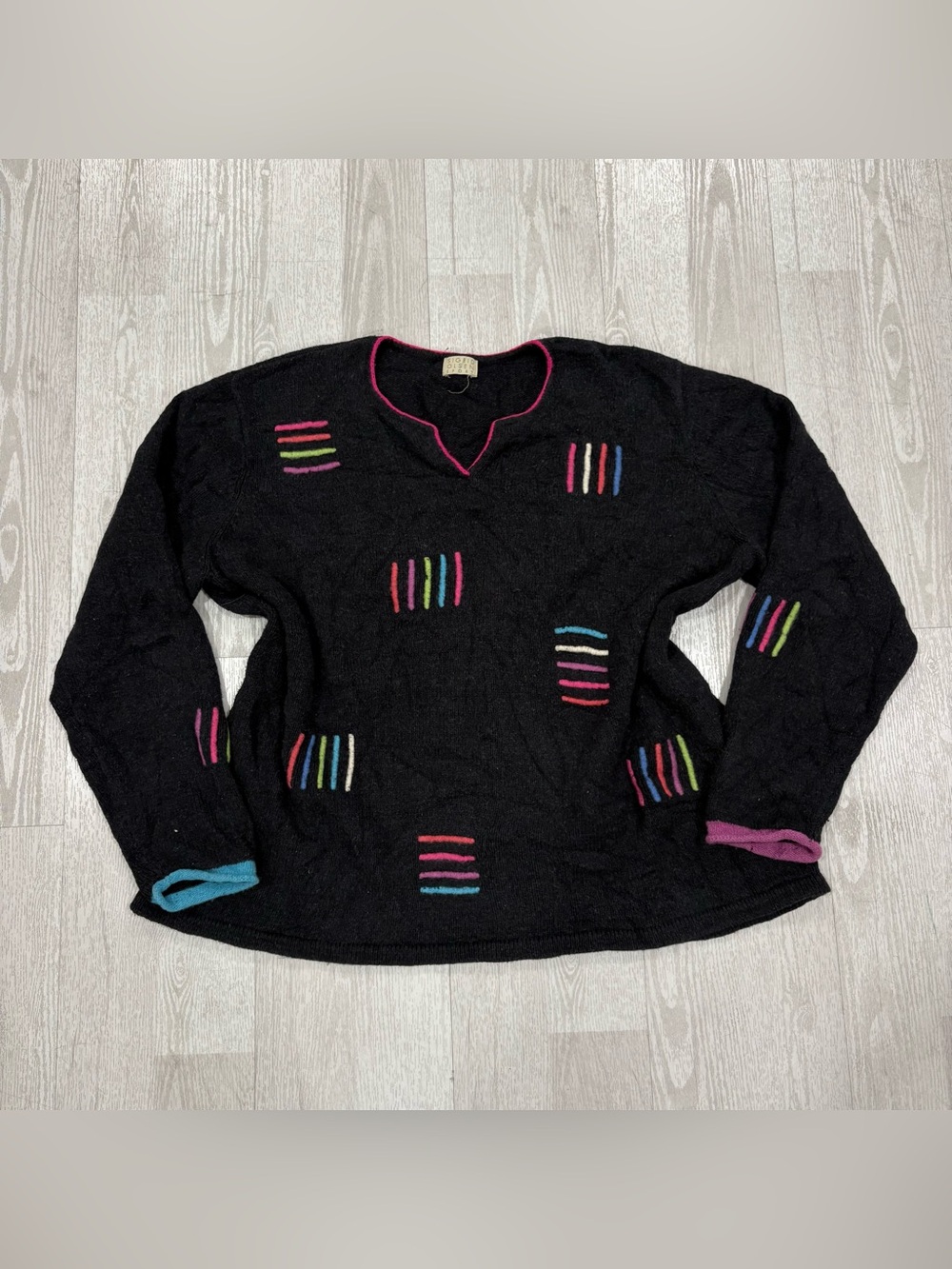 Sigrid Olsen Sport Vintage Colorful Embroidered V-Neck Black Knit Sweater